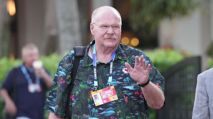 Mar 31, 2025; Palm Beach, FL, USA;  Kansas City Chiefs head coach Andy Reid attends the NFL Annual League Meeting at The Breakers. Mandatory Credit: Jim Rassol-Imagn Images