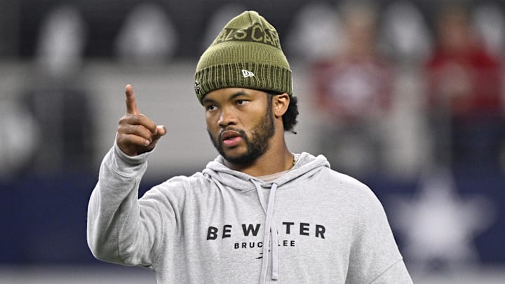 Nov 3, 2025; Arlington, Texas, USA; Arizona Cardinals quarterback Kyler Murray (1) warms up before the game against the Dallas Cowboys at AT&T Stadium. Mandatory Credit: Jerome Miron-Imagn Images
