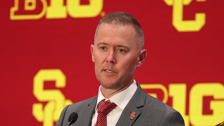 Jul 24, 2025; Las Vegas, NV, USA; USC head coach Lincoln Riley speaks to the media during the Big Ten NCAA college football media days at Mandalay Bay Resort. Mandatory Credit: Lucas Peltier-Imagn Images
