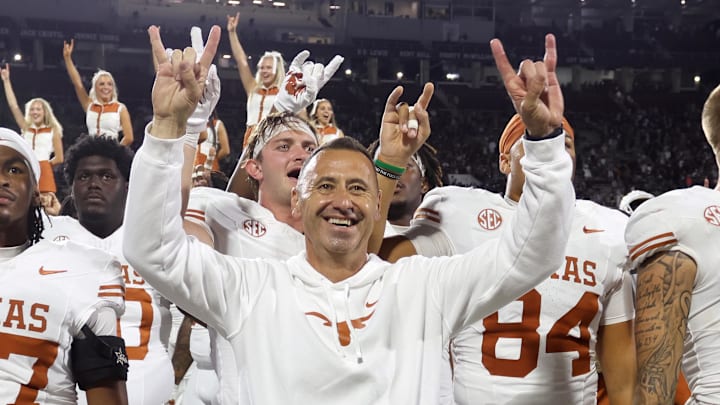 Texas Longhorns head coach Steve Sarkisian reacts after beating the Mississippi State Bulldogs in overtime at Davis Wade Stadium at Scott Field. Mandatory Credit: Petre Thomas-Imagn Images Texas Longhorns head coach Steve Sarkisian reacts after beating the Mississippi State Bulldogs in overtime at Davis Wade Stadium at Scott Field. Mandatory Credit: Petre Thomas-Imagn Images