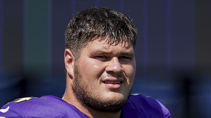 Sep 14, 2025; Baltimore, Maryland, USA; Baltimore Ravens center Tyler Linderbaum (64) before the game against the Cleveland Browns at M&T Bank Stadium. Mandatory Credit: Mitch Stringer-Imagn Images