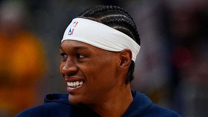 Mar 22, 2026; Denver, Colorado, USA; Denver Nuggets guard Peyton Watson (8) smiles before the game against the Portland Trail Blazers at Ball Arena. Mandatory Credit: Ron Chenoy-Imagn Images