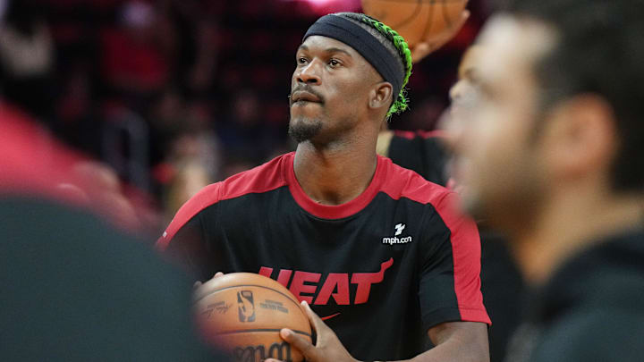 Jan 2, 2025; Miami, Florida, USA; Miami Heat forward Jimmy Butler (22) warms-up before the game against the Indiana Pacers at Kaseya Center. Mandatory Credit: Jim Rassol-Imagn Images Jan 2, 2025; Miami, Florida, USA; Miami Heat forward Jimmy Butler (22) warms-up before the game against the Indiana Pacers at Kaseya Center. Mandatory Credit: Jim Rassol-Imagn Images