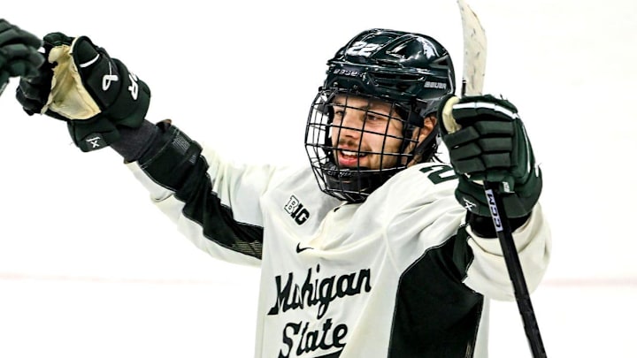 Michigan State's Isaac Howard, right, celebrates after his goal to win a shootout against Minnesota with teammate Patrick Geary, left, on Saturday, Jan. 25, 2025, at Munn Arena in East Lansing.