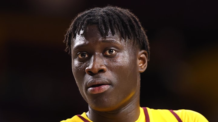 Mar 3, 2026; Tempe, Arizona, USA; Arizona State Sun Devils center Massamba Diop (35) against the Kansas Jayhawks at Desert Financial Arena. Mandatory Credit: Mark J. Rebilas-Imagn Images