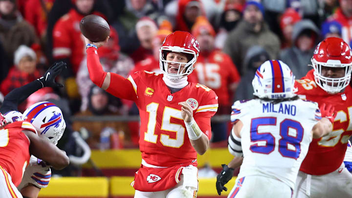 Jan 26, 2025; Kansas City, MO, USA; Kansas City Chiefs quarterback Patrick Mahomes (15) drops back to pass against the Buffalo Bills during the second half in the AFC Championship game at GEHA Field at Arrowhead Stadium. Mandatory Credit: Mark J. Rebilas-Imagn Images Jan 26, 2025; Kansas City, MO, USA; Kansas City Chiefs quarterback Patrick Mahomes (15) drops back to pass against the Buffalo Bills during the second half in the AFC Championship game at GEHA Field at Arrowhead Stadium. Mandatory Credit: Mark J. Rebilas-Imagn Images