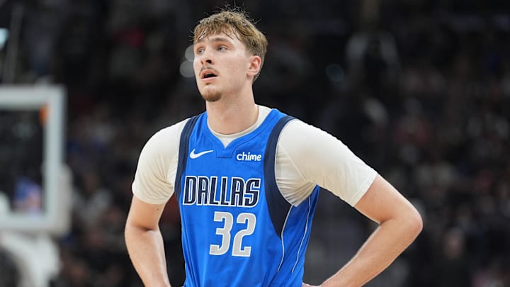 Feb 7, 2026; San Antonio, Texas, USA;  Dallas Mavericks forward Cooper Flagg (32) looks on in the first half against the San Antonio Spurs at Frost Bank Center. Mandatory Credit: Daniel Dunn-Imagn Images