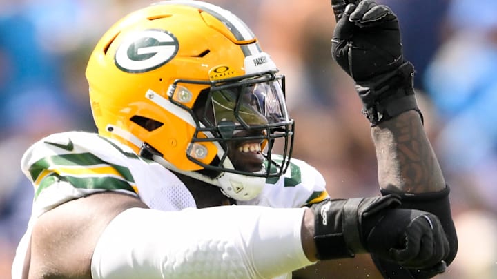 Green Bay Packers defensive tackle Devonte Wyatt (95) celebrates his sack of Tennessee Titans quarterback Will Levis last year. Green Bay Packers defensive tackle Devonte Wyatt (95) celebrates his sack of Tennessee Titans quarterback Will Levis last year.