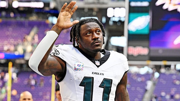 Oct 19, 2025; Minneapolis, Minnesota, USA; Philadelphia Eagles wide receiver A.J. Brown (11) celebrates after the win against the Minnesota Vikings at U.S. Bank Stadium. Mandatory Credit: Jeffrey Becker-Imagn Images