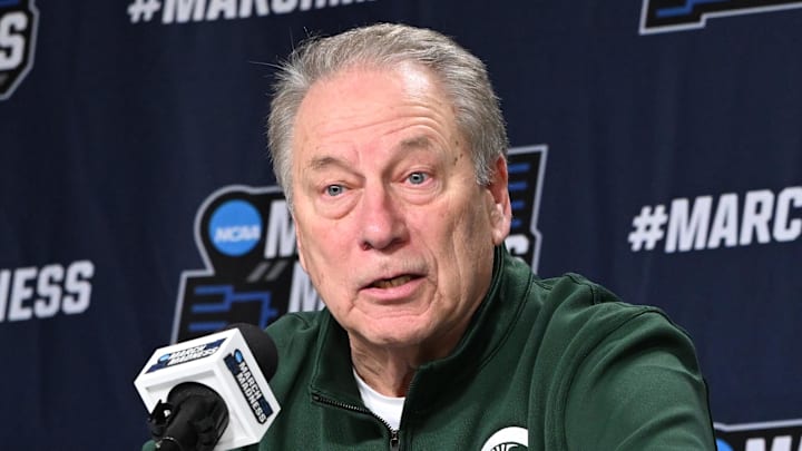 Mar 21, 2026; Buffalo, NY, USA;Michigan State Spartans head coach Tom Izzo speaks with media after the game against the Louisville Cardinals during a second round game of the men's 2026 NCAA Tournament at Keybank Center.