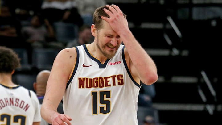 Mar 18, 2026; Memphis, Tennessee, USA; Denver Nuggets center Nikola Jokic (15) reacts during the second quarter against the Memphis Grizzlies at FedExForum.