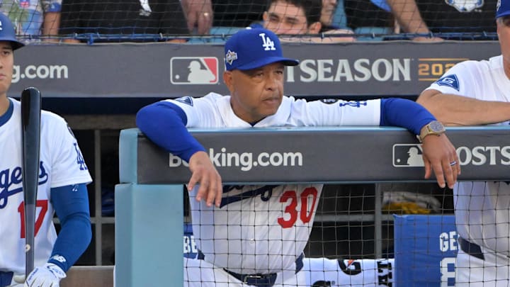 Oct 9, 2025; Los Angeles, California, USA; Los Angeles Dodgers designated hitter Shohei Ohtani (17) and Los Angeles Dodgers manager Dave Roberts (30) in the seventh inning against the Philadelphia Phillies during game four of the NLDS round for the 2025 MLB playoffs at Dodger Stadium. Mandatory Credit: Jayne Kamin-Oncea-Imagn Images Oct 9, 2025; Los Angeles, California, USA; Los Angeles Dodgers designated hitter Shohei Ohtani (17) and Los Angeles Dodgers manager Dave Roberts (30) in the seventh inning against the Philadelphia Phillies during game four of the NLDS round for the 2025 MLB playoffs at Dodger Stadium. Mandatory Credit: Jayne Kamin-Oncea-Imagn Images