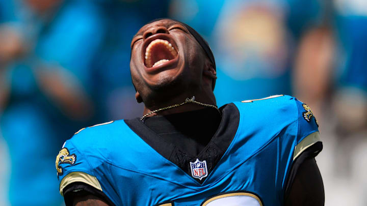 Jacksonville Jaguars wide receiver Travis Hunter (12) yells as his is introduced before an NFL football matchup at EverBank Stadium, Sunday, Sept. 21, 2025, in Jacksonville, Fla. 