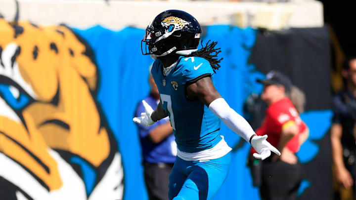 Jacksonville Jaguars wide receiver Brian Thomas Jr. (7) runs the ball for a touchdown but was called back on an offensive penalty during the third quarter of an NFL football matchup, Sunday, Oct. 12, 2025, at EverBank Stadium in Jacksonville, Fla. The Seahawks defeated the Jaguars 20-12. [Corey Perrine/Florida Times-Union]