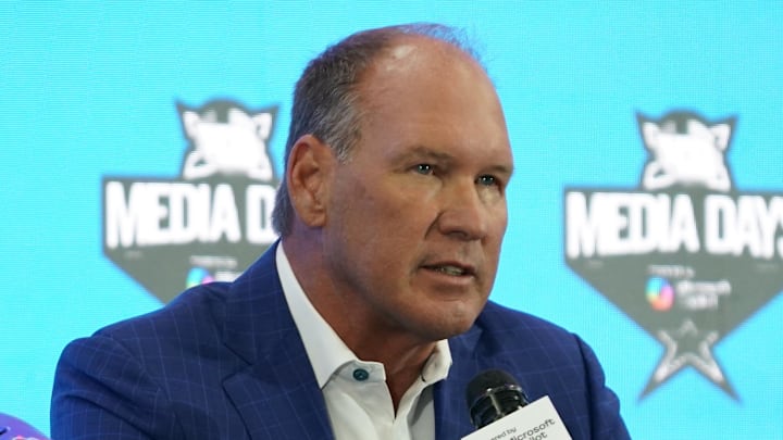 Jul 9, 2025; Frisco, TX, USA; Kansas head coach Lance Leipold speaks with the media during 2025 Big 12 Football Media Days at The Star. Mandatory Credit: Raymond Carlin III-Imagn Images