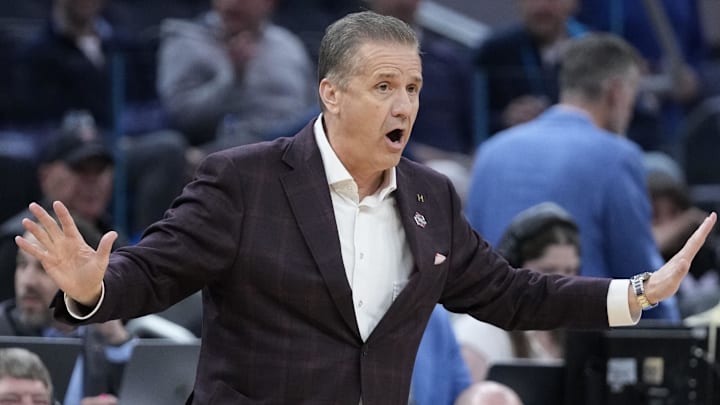 Arkansas Razorbacks coach John Calipari watches play downcourt during the first half against the Texas Tech Red Raiders during a West Regional semifinal of the 2025 NCAA tournament at Chase Center. Arkansas Razorbacks coach John Calipari watches play downcourt during the first half against the Texas Tech Red Raiders during a West Regional semifinal of the 2025 NCAA tournament at Chase Center.