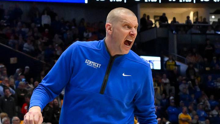 Mar 12, 2026; Nashville, TN, USA;  Kentucky Wildcats head coach Mark Pope yells to his team against the Missouri Tigers during the second half at Bridgestone Arena. Mandatory Credit: Steve Roberts-Imagn Images