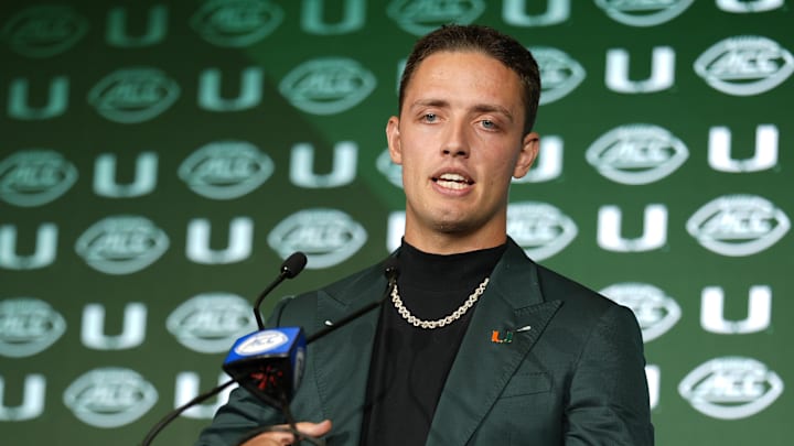 Jul 22, 2025; Charlotte, NC, USA; Miami quarterback Carson Beck answers questions from the media during ACC Media Days at Hilton Charlotte Uptown. 