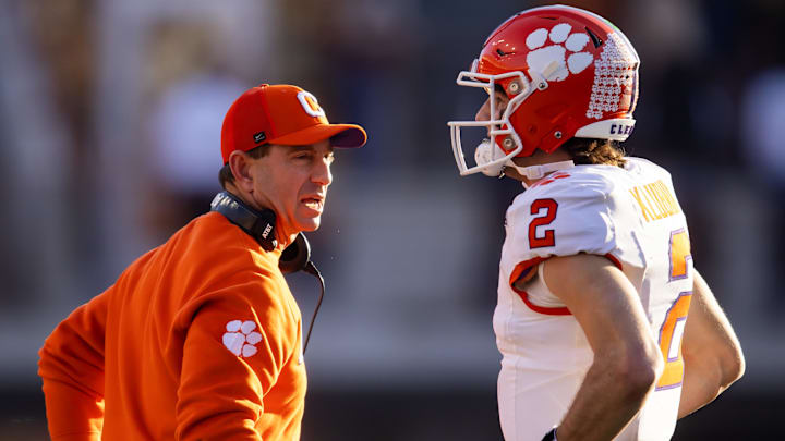 Dec 21, 2024; Austin, Texas, USA; Clemson Tigers head coach Dabo Swinney with quarterback Cade Klubnik (2) against the Texas Longhorns during the first half of the CFP National playoff first round at Darrell K Royal-Texas Memorial Stadium