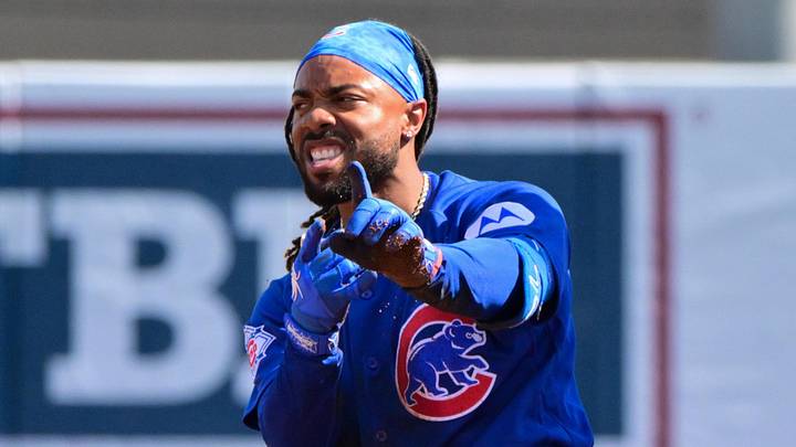Feb 26, 2026; Tempe, Arizona, USA; Chicago Cubs center fielder Justin Dean (1) reacts after hitting a double in the second inning against the Los Angeles Angels at Tempe Diablo Stadium. Mandatory Credit: Matt Kartozian-Imagn Images Feb 26, 2026; Tempe, Arizona, USA; Chicago Cubs center fielder Justin Dean (1) reacts after hitting a double in the second inning against the Los Angeles Angels at Tempe Diablo Stadium. Mandatory Credit: Matt Kartozian-Imagn Images