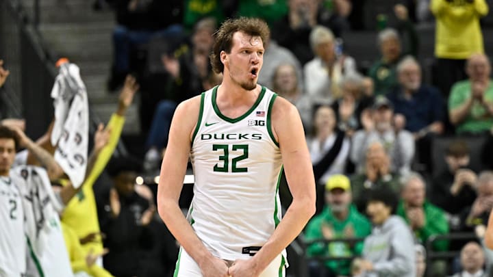 Feb 16, 2025; Eugene, Oregon, USA; Oregon Ducks center Nate Bittle (32) reacts to a made three point shot against the Rutgers Scarlet Knights during the second half at Matthew Knight Arena. Mandatory Credit: Craig Strobeck-Imagn Images