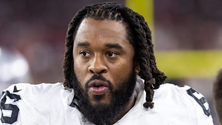 Aug 23, 2025; Glendale, Arizona, USA; Las Vegas Raiders guard Dylan Parham (66) against the Arizona Cardinals during a preseason NFL game at State Farm Stadium. Mandatory Credit: Mark J. Rebilas-Imagn Images