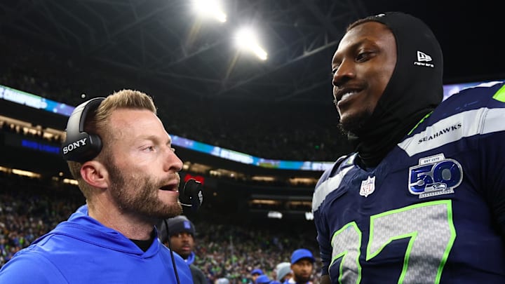 Los Angeles Rams head coach Sean McVay greets Seattle Seahawks cornerback Riq Woolen (27). Mandatory Credit: Kevin Ng-Imagn Images