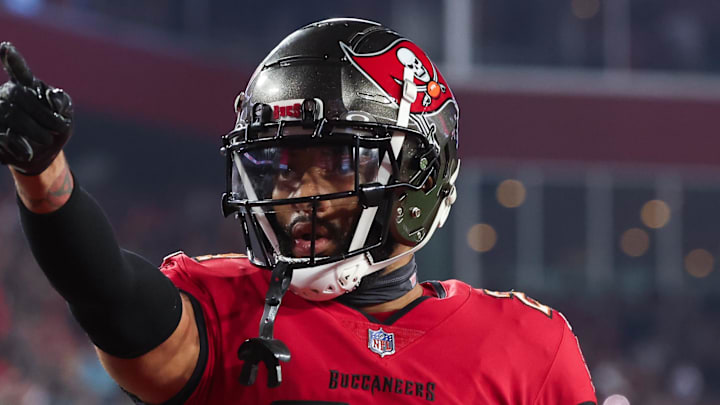Jan 15, 2024; Tampa, Florida, USA; Tampa Bay Buccaneers cornerback Carlton Davis III (24) gestures after a play against the Philadelphia Eagles during the second half of a 2024 NFC wild card game at Raymond James Stadium. Mandatory Credit: Kim Klement Neitzel-Imagn Images