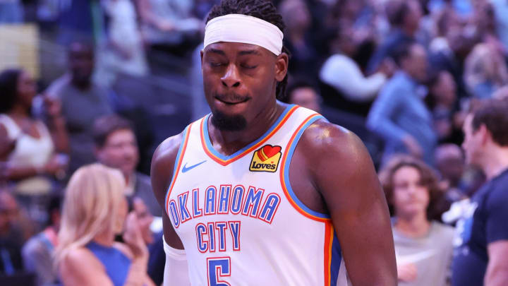May 18, 2024; Dallas, Texas, USA;  Oklahoma City Thunder guard Luguentz Dort (5) walks off the court after the game against the Dallas Mavericks in game six of the second round of the 2024 NBA playoffs at American Airlines Center. Mandatory Credit: Kevin Jairaj-USA TODAY Sports