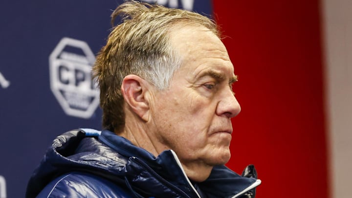 Nov 29, 2025; Raleigh, North Carolina, USA;  North Carolina Tar Heels head coach Bill Belichick addresses the media after the second half of the game against NC State Wolfpack at Carter-Finley Stadium.  Mandatory Credit: Jaylynn Nash-Imagn Images