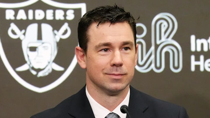 Feb 10, 2026; Henderson, NV, USA; Las Vegas Raiders coach Klint Kubiak speaks at introductory press conference at Intermountain Health Performance Center. Mandatory Credit: Kirby Lee-Imagn Images