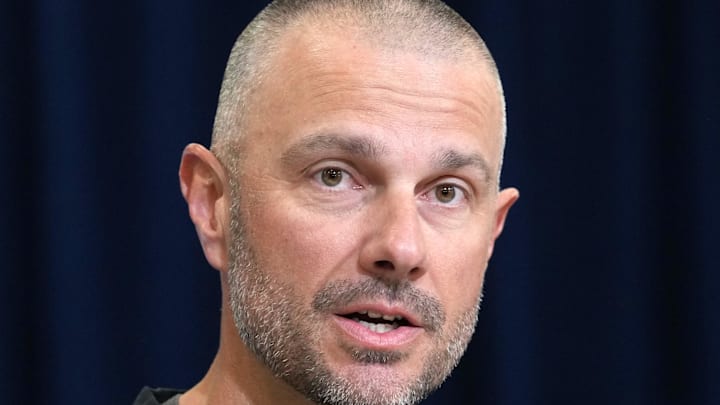Feb 24, 2026; Indianapolis, IN, USA; Las Vegas Raiders general manager John Spytek speaks at the NFL Scouting Combine at the Indiana Convention Center. Mandatory Credit: Kirby Lee-Imagn Images