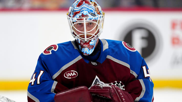 May 5, 2026; Denver, Colorado, USA; Colorado Avalanche goaltender Scott Wedgewood (41) looks on during the third period against the Minnesota Wild in game two of the second round of the 2026 Stanley Cup Playoffs at Ball Arena. Mandatory Credit: Ron Chenoy-Imagn Images