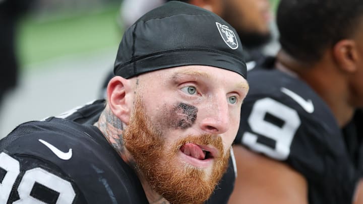 Sep 28, 2025; Paradise, Nevada, USA; Las Vegas Raiders defensive end Maxx Crosby (98) looks on from the sideline during the first quarter against the Chicago Bears at Allegiant Stadium. Mandatory Credit: Kiyoshi Mio-Imagn Images