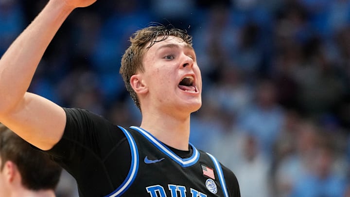 Mar 8, 2025; Chapel Hill, North Carolina, USA; Duke Blue Devils forward Cooper Flagg (2) reacts in the second half at Dean E. Smith Center. Mandatory Credit: Bob Donnan-Imagn Images