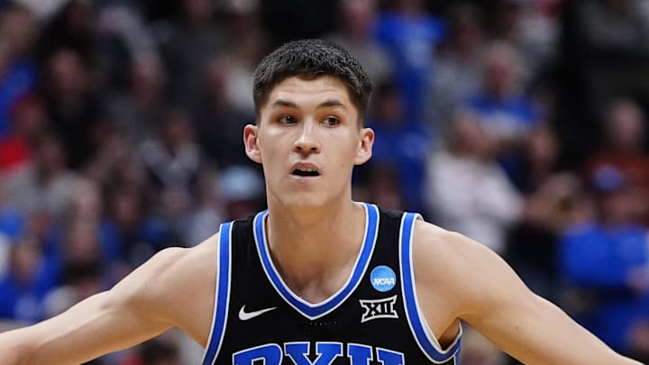 Mar 22, 2025; Denver, CO, USA; Brigham Young Cougars guard Egor Demin (3) reacts against the Wisconsin Badgers during the second half in the second round of the NCAA Tournament at Ball Arena. Mandatory Credit: Ron Chenoy-Imagn Images Mar 22, 2025; Denver, CO, USA; Brigham Young Cougars guard Egor Demin (3) reacts against the Wisconsin Badgers during the second half in the second round of the NCAA Tournament at Ball Arena. Mandatory Credit: Ron Chenoy-Imagn Images