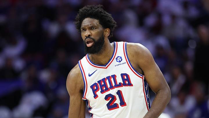 Philadelphia 76ers center Joel Embiid (21) reacts to a play against the New York Knicks during the first quarter of game three of the second round of the 2026 NBA Playoffs at Xfinity Mobile Arena on May 8, 2026.