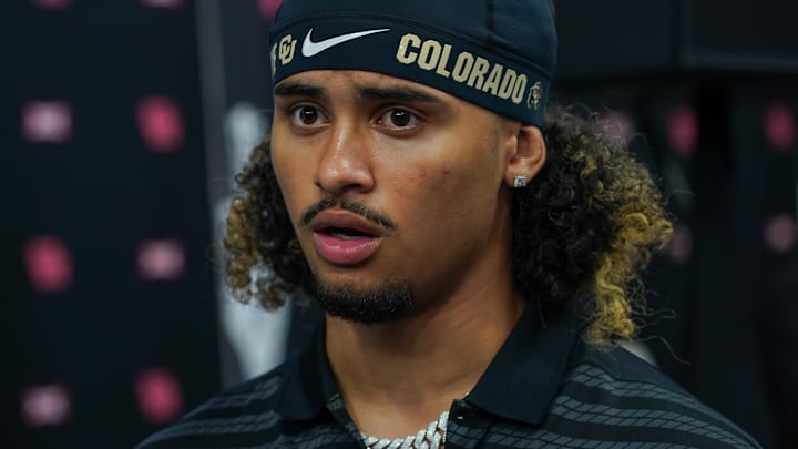 Jul 9, 2025; Frisco, TX, USA; Colorado quarterback Julian Lewis speaks with the media during 2025 Big 12 Football Media Days at The Star. Mandatory Credit: Raymond Carlin III-Imagn Images