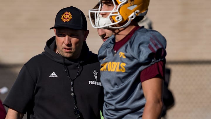 Arizona State head football coach Kenny Dillingham watches as his team practices at Eastwood High School in El Paso, Texas, on Sunday, Dec. 28, 2025, during Sun Bowl week ahead of the Tony the Tiger Sun Bowl.