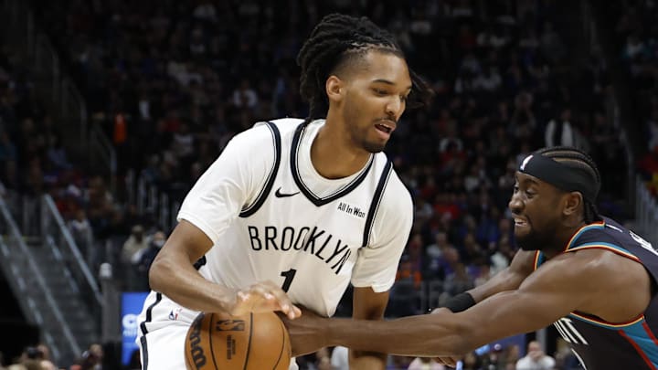Mar 7, 2026; Detroit, Michigan, USA; Brooklyn Nets forward Ziaire Williams (1) dribbles defended by Detroit Pistons guard Caris LeVert (8) in the first half at Little Caesars Arena. Mandatory Credit: Rick Osentoski-Imagn Images Mar 7, 2026; Detroit, Michigan, USA; Brooklyn Nets forward Ziaire Williams (1) dribbles defended by Detroit Pistons guard Caris LeVert (8) in the first half at Little Caesars Arena. Mandatory Credit: Rick Osentoski-Imagn Images