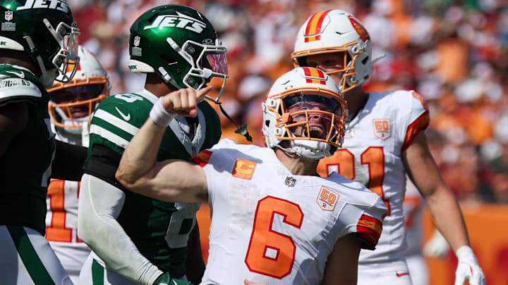 Tampa Bay Buccaneers quarterback Baker Mayfield (6) reacts after a run against the New York Jets in the fourth quarter