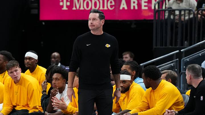 Oct 13, 2026; Las Vegas, Nevada, USA; Los Angeles Lakers head coach JJ Redick looks on against the Golden State Warriors in the first quarter at T-Mobile Arena. Mandatory Credit: Candice Ward-Imagn Images Oct 13, 2026; Las Vegas, Nevada, USA; Los Angeles Lakers head coach JJ Redick looks on against the Golden State Warriors in the first quarter at T-Mobile Arena. Mandatory Credit: Candice Ward-Imagn Images