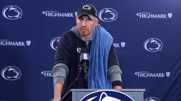 Apr 25, 2026; University Park, PA, USA; Penn State Nittany Lions head coach Matt Campbell answers questions from the media following the Penn State Blue-White Spring game at Beaver Stadium. Mandatory Credit: Matthew O'Haren-Imagn Images