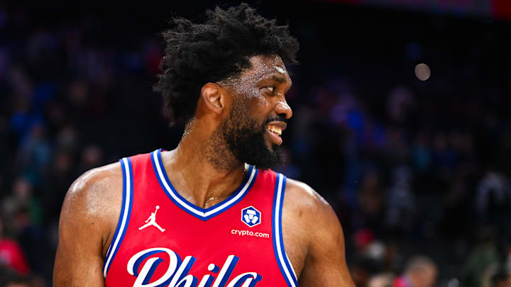 Dec 20, 2024; Philadelphia, Pennsylvania, USA; Philadelphia 76ers center Joel Embiid (21) looks on after the game against the Charlotte Hornets at Wells Fargo Center. Mandatory Credit: Kyle Ross-Imagn Images