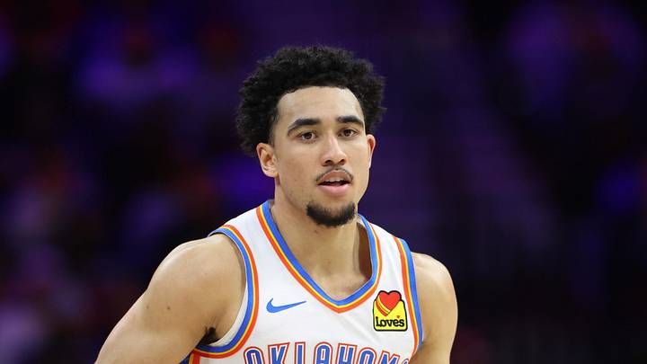 Mar 23, 2026; Philadelphia, Pennsylvania, USA; Oklahoma City Thunder guard Jared McCain (3) dribbles the ball against the Philadelphia 76ers during the fourth quarter at Xfinity Mobile Arena. Mandatory Credit: Bill Streicher-Imagn Images