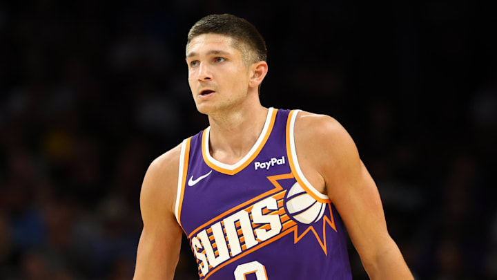 Feb 26, 2026; Phoenix, Arizona, USA; Phoenix Suns guard Grayson Allen (8) against the Los Angeles Lakers at Mortgage Matchup Center. Mandatory Credit: Mark J. Rebilas-Imagn Images