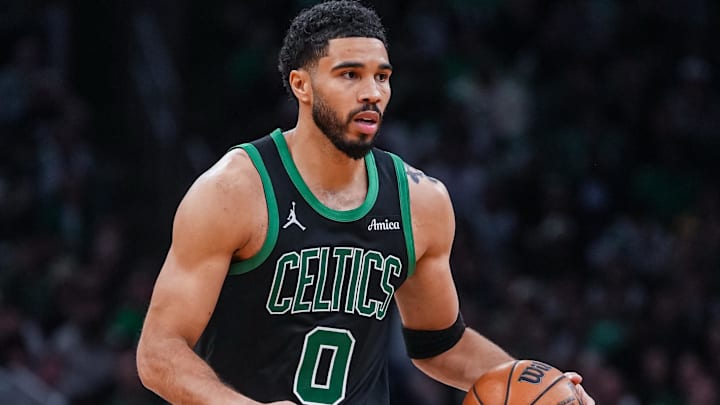 Apr 28, 2026; Boston, Massachusetts, USA; Boston Celtics forward Jayson Tatum (0) returns up court against the Philadelphia 76ers in the second half during game five of the first round of the 2026 NBA Playoffs at TD Garden. Mandatory Credit: David Butler II-Imagn Images