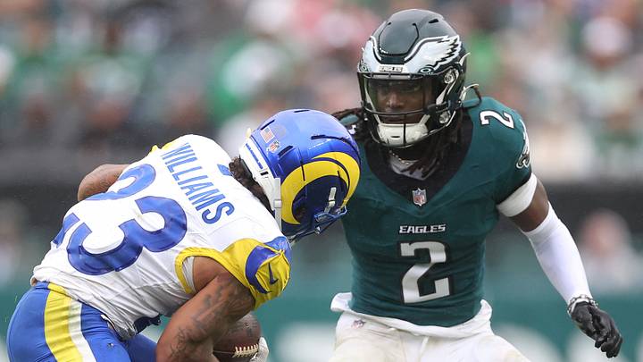 Oct 4, 2026; Philadelphia, Pennsylvania, USA;  Los Angeles Rams running back Kyren Williams (23) runs the ball against Philadelphia Eagles cornerback Riq Woolen (2) during the third quarter at Lincoln Financial Field.  Mandatory Credit: Bill Streicher-Imagn Images