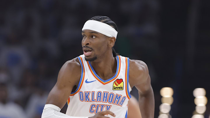 May 13, 2025; Oklahoma City, Oklahoma, USA; Oklahoma City Thunder guard Shai Gilgeous-Alexander (2) runs down the court for a play against the Denver Nuggets during the first quarter of game five of the second round for the 2025 NBA Playoffs at Paycom Center. Mandatory Credit: Alonzo Adams-Imagn Images May 13, 2025; Oklahoma City, Oklahoma, USA; Oklahoma City Thunder guard Shai Gilgeous-Alexander (2) runs down the court for a play against the Denver Nuggets during the first quarter of game five of the second round for the 2025 NBA Playoffs at Paycom Center. Mandatory Credit: Alonzo Adams-Imagn Images