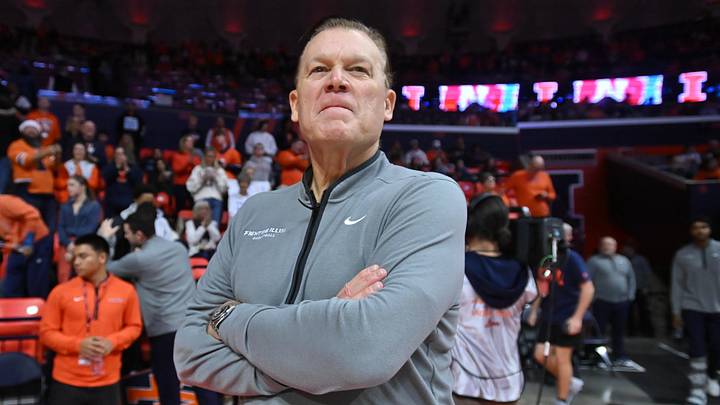 Dec 13, 2025; Champaign, Illinois, USA; Illinois Fighting Illini head coach Brad Underwood before the first half against the Nebraska Cornhuskers at State Farm Center. Mandatory Credit: Ron Johnson-Imagn Images Dec 13, 2025; Champaign, Illinois, USA; Illinois Fighting Illini head coach Brad Underwood before the first half against the Nebraska Cornhuskers at State Farm Center. Mandatory Credit: Ron Johnson-Imagn Images